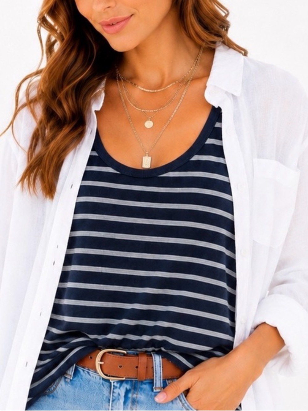 Striped Sleeveless Tank Top | Navy and Teal | Medium
